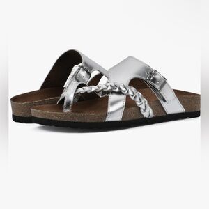 NWOB White Mountain Footbed Metallic Silver Handpick Flat Comfy Sandals‎ Shoes 8